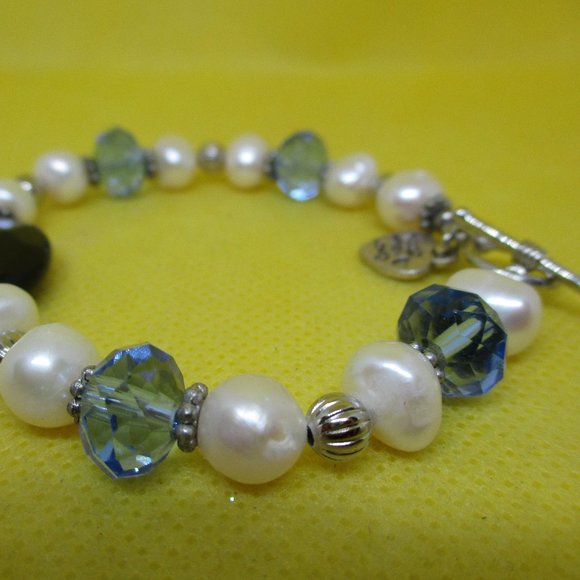 Genuine FRESH WATER PEARL Blue Faceted Crystal Bracelet Large Black Faceted Bead - Picture 9 of 13